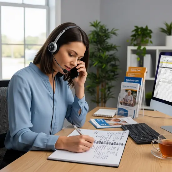 Beraterin führt ein Telefonat und gibt Pflegeinformationen, Notizblock und Headset, ruhiges Büro.