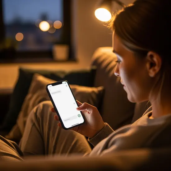 Nutzerin chattet abends auf dem Sofa mit einem Concierge-Service in einer neutralen Chat-Ansicht ohne Text.