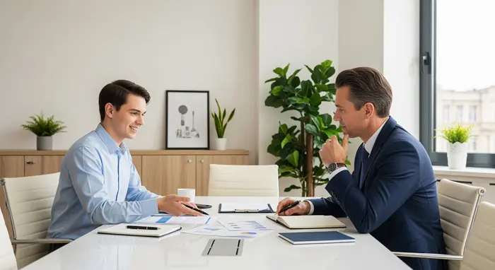 Angestellte und Arbeitgeber sitzen sich in einem modernen Büro gegenüber und besprechen Unterlagen; freundliche, professionelle Atmosphäre.