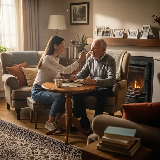 Tochter unterstützt ihren älteren Vater beim Essen im gemütlichen Wohnzimmer; warme, natürliche Lichtstimmung.