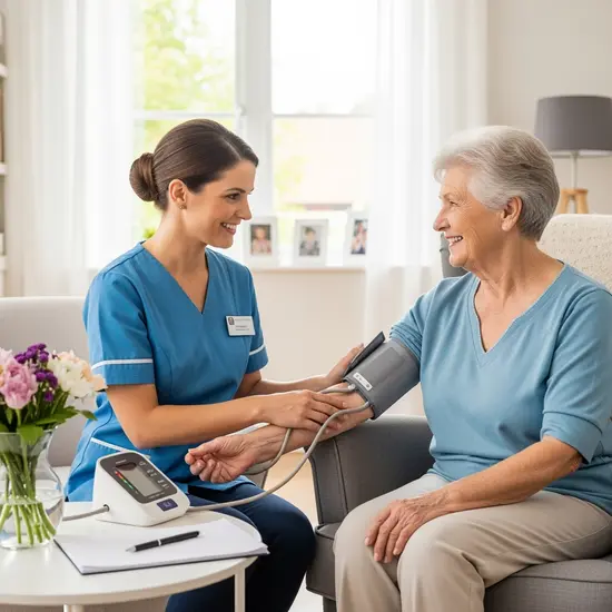 Ambulanter Pflegedienst besucht Seniorin in ihrer Wohnung und misst Blutdruck; freundliche, professionelle Szene.