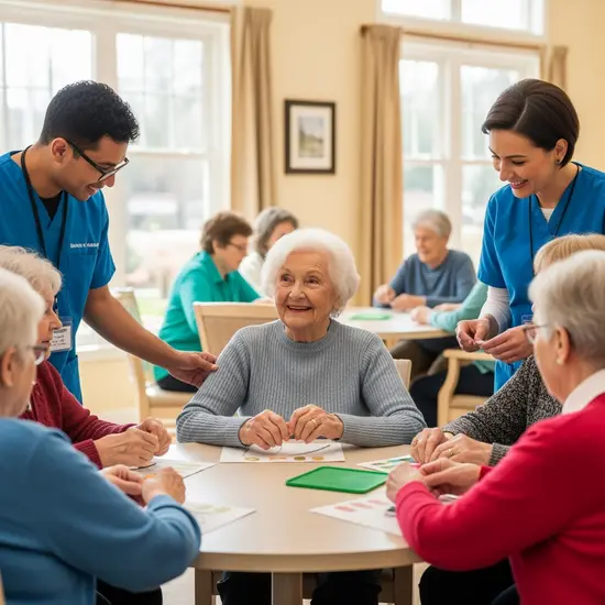 Seniorin nimmt tagsüber an einer Aktivitätsrunde in einer freundlichen Tagespflegeeinrichtung teil; helle Räume, betreuendes Personal.