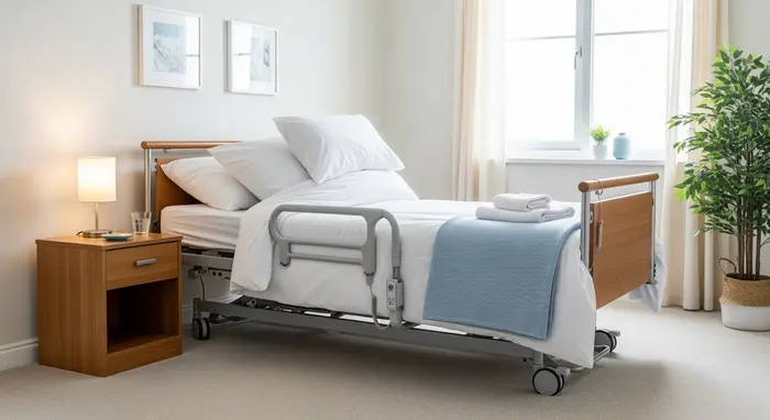 Pflegebett in einem hellen Schlafzimmer mit verstellbarem Kopfteil und Haltegriff; aufgeräumte Umgebung.