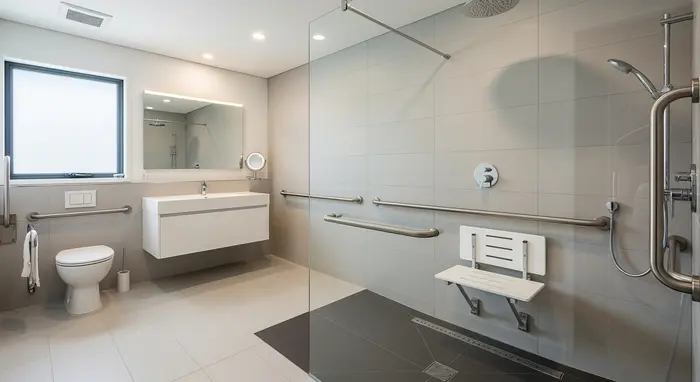 Modernes, barrierefreies Badezimmer mit bodengleicher Dusche, Haltegriffen und Duschsitz.