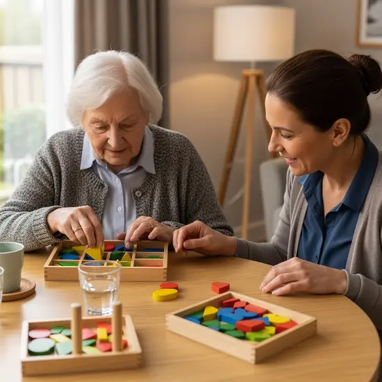 Senior mit Demenz sitzt mit Betreuerin an einem runden Tisch und sortiert bunte Holzformen; ruhige, wertschätzende Umgebung.