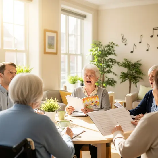 Angehörige nimmt an einer Betreuungsgruppe für Menschen mit Demenz teil; gemeinsames Singen in einem hellen Raum.