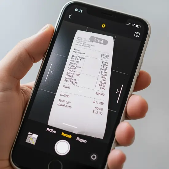 Nahaufnahme einer Hand, die eine Rechnung mit der Scan-Funktion einer Smartphone-App erfasst; neutraler Hintergrund.
