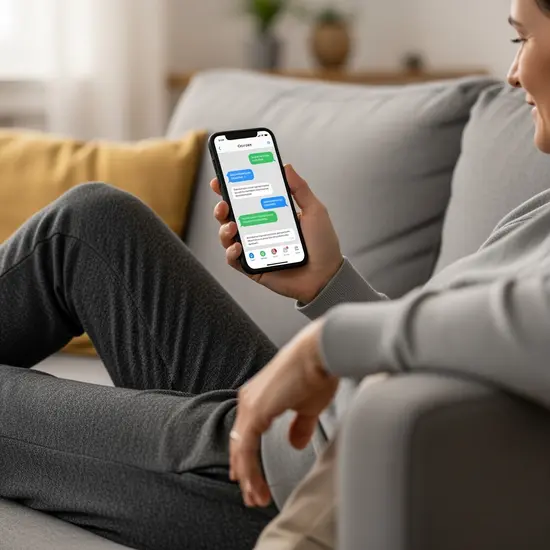 Person sitzt entspannt auf einem Sofa und nutzt eine App-Chatfunktion für eine Frage zur Pflege; keine lesbare Textanzeige.