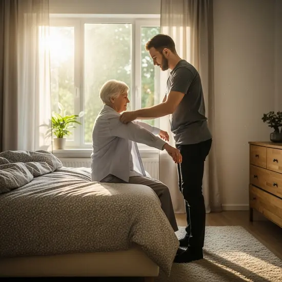 Ältere Person erhält Unterstützung beim Anziehen in einem hellen Schlafzimmer; ruhige, respektvolle Szene.