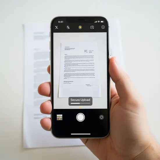 Hand fotografiert ein Dokument für den sicheren Upload per App; Smartphone auf hellem Hintergrund.