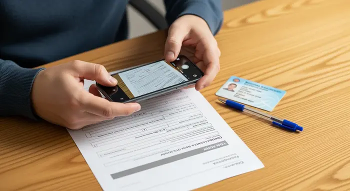 Mann fotografiert ein Formular mit dem Smartphone auf einem Holzschreibtisch; nebenan liegen Ausweis und Kugelschreiber.