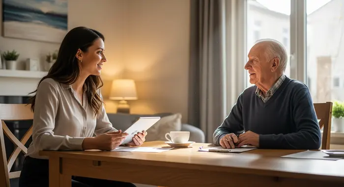 Medicproof-Gutachterin besucht Senior zu Hause; beide sitzen am Wohnzimmertisch, freundliches Gespräch.