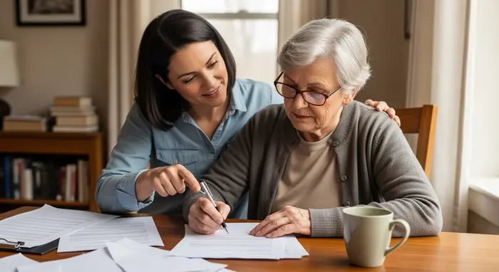 Erwachsene Tochter unterstützt ihre Mutter beim Schreiben eines Widerspruchsbriefs am Esstisch; ruhige, konzentrierte Atmosphäre.