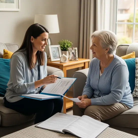 Pflegeberaterin besucht Seniorin zu Hause; beide sitzen auf dem Sofa und besprechen Unterlagen.