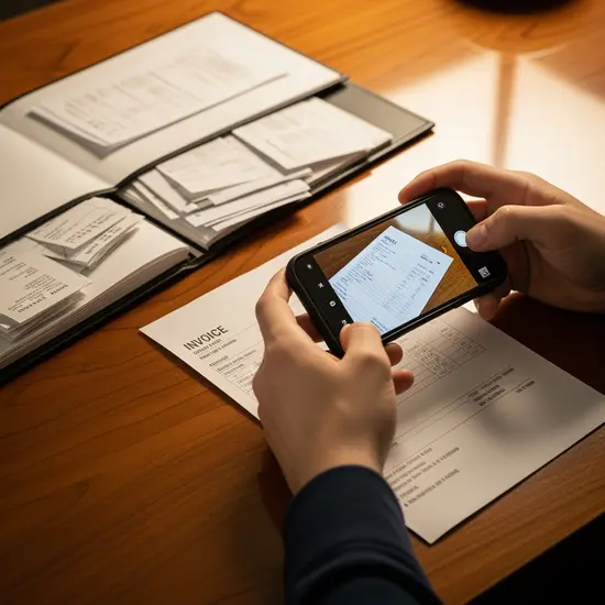 Junger Mann fotografiert eine Rechnung mit der Smartphone-Kamera; daneben liegt eine geöffnete Mappe mit Belegen.