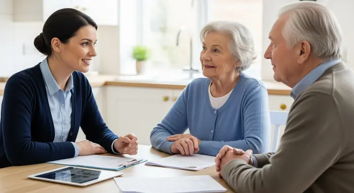 Freundliche Pflegeberaterin erklärt einem älteren Ehepaar am Küchentisch die Leistungen der Pflegekasse; Formulare und Tablet liegen bereit, helle wohnliche Umgebung ohne sichtbare Logos.