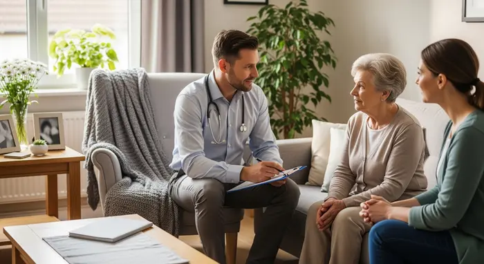 Pflegegutachter sitzt mit Klemmbrett im Wohnzimmer einer Seniorin; Angehörige sitzt daneben, ruhiges Gespräch, häusliche Atmosphäre.
