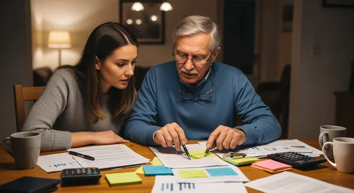 Erwachsene Tochter und älterer Vater prüfen gemeinsam Unterlagen am Esstisch; Markierungen und Notizzettel sichtbar, ernsthafte aber konzentrierte Stimmung.