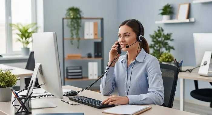 Kundencenter-Szene: Freundliche Mitarbeiterin mit Headset telefoniert am Schreibtisch; ordentliche Umgebung mit Pflanzen und neutralen Farben.