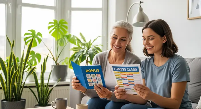 Junge Frau zeigt ihrer Mutter Bonusheft und Fitness-Kursplan; beide lächeln, helle Wohnung, Pflanzen im Hintergrund.