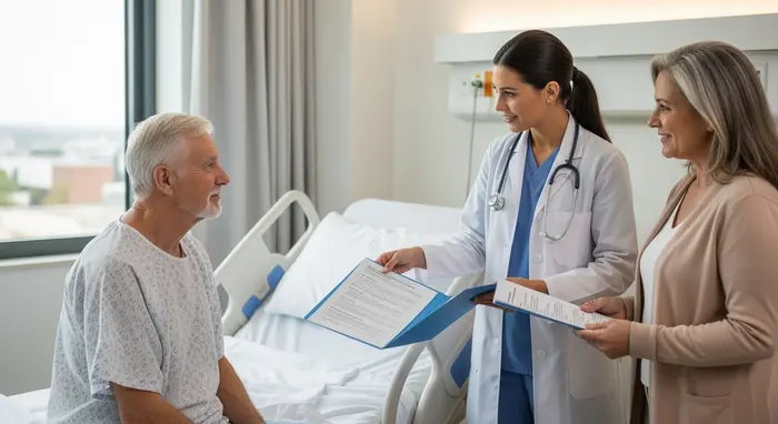 Ärztin übergibt Entlassungsunterlagen an Senior auf Krankenhauszimmer; Angehöriger nimmt einen Infoordner entgegen, freundliche und koordinierte Szene.