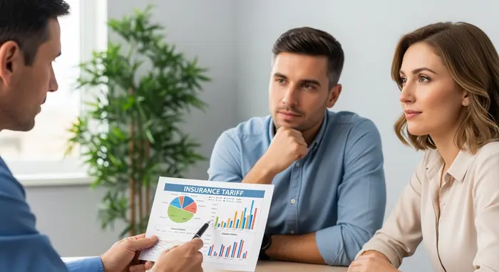 Berater zeigt auf einem Blatt verschiedene Versicherungstarife mit Grafiken; zwei Erwachsene hören aufmerksam zu, neutrales Büro ohne lesbaren Text.