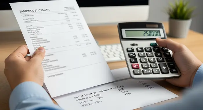 Nahaufnahme von Händen, die einen Lohnzettel und einen Taschenrechner halten; daneben ein Blatt mit prozentualen Beiträgen, neutrale Büroatmosphäre ohne lesbaren Text.