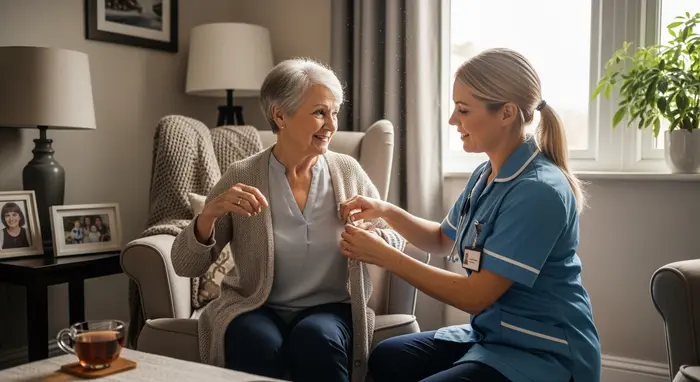 Ambulanter Pflegedienst besucht Seniorin zu Hause: Pflegekraft hilft beim Anziehen, freundliche Atmosphäre mit gemütlichem Wohnzimmerhintergrund.