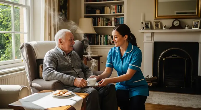 Älterer Herr im Sessel, eine Vertretungspflegekraft serviert Tee; im Hintergrund eine ruhige Wohnzimmerszene, Tageslicht fällt durch ein Fenster.