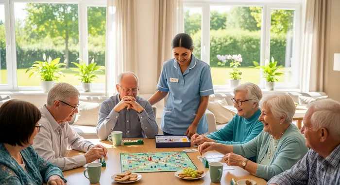 Tagespflegeeinrichtung: Senioren sitzen gemeinsam an einem großen Tisch, spielen ein Brettspiel; eine Pflegekraft lächelt und unterstützt, helle Einrichtung mit großen Fenstern.