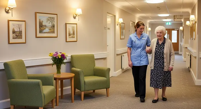 Pflegeheim-Flur mit Sitzgruppe: Eine Pflegefachkraft begleitet eine Seniorin langsam am Arm; warme Beleuchtung, ruhige und gepflegte Atmosphäre.