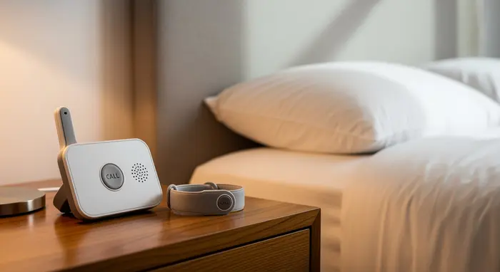 Hausnotruf-Gerät und Armband liegen auf einem Nachttisch neben einem Bett; schlichte, aufgeräumte Schlafzimmerszene mit weichem Licht.