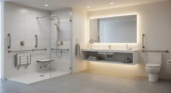 Modernes, barrierefreies Badezimmer mit bodengleicher Dusche, Haltegriffen und Duschsitz; klare Linien, rutschfester Boden, freundliches Licht.