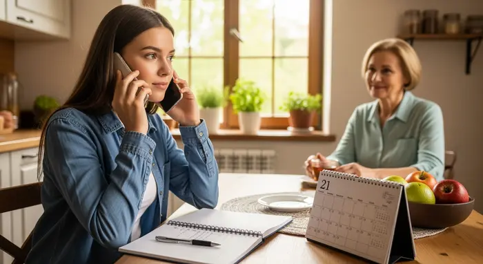 Pflegende Tochter telefoniert in der Küche mit Notizblock und Kalender; im Hintergrund sitzt ihre Mutter lächelnd am Tisch.