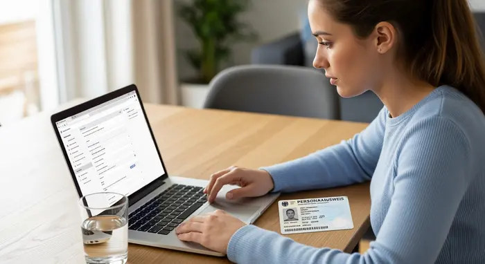 Junge Frau füllt online ein Formular auf einem Laptop aus; daneben liegt ein Personalausweis, auf dem Tisch ein Glas Wasser.