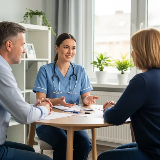 Pflegerin erklärt Angehörigen die nächsten Schritte beim Pflegewechsel; offene, klare Gesprächssituation.