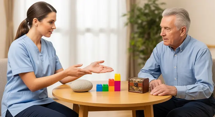 Pflegerin erklärt einem Senior Unterschiede von Leistungen mit einfachen Gegenständen; klare Geste, keine Texte sichtbar.