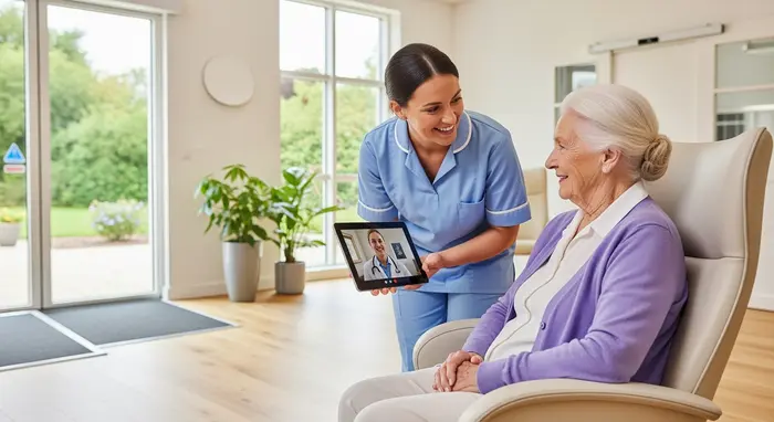 Pflegekraft zeigt Seniorin eine Videoberatung auf dem Tablet; moderne, barrierefreie Umgebung, beide wirken interessiert.