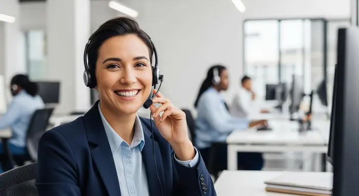 Moderne Servicehotline: Freundlicher Mitarbeiter mit Headset im hellen Callcenter, großes Lächeln, professionelle Atmosphäre, unscharfer Hintergrund.