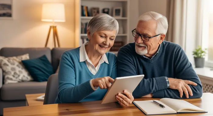 Digitale Pflege-Services: Älteres Paar nutzt Tablet am Wohnzimmertisch, lächelnd, neben ihnen liegt ein Notizblock mit Stift, gemütliche Umgebung.
