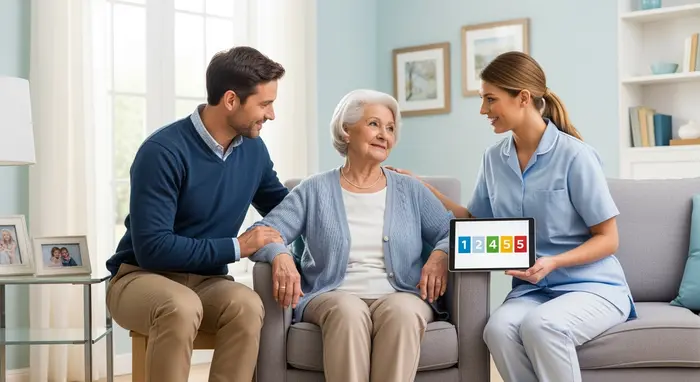 Symbolische Darstellung der fünf Pflegegrade: Seniorin wird von Angehörigem und Pfleger in einem hellen Wohnzimmer unterstützt, ruhige Farben, klare Szene.