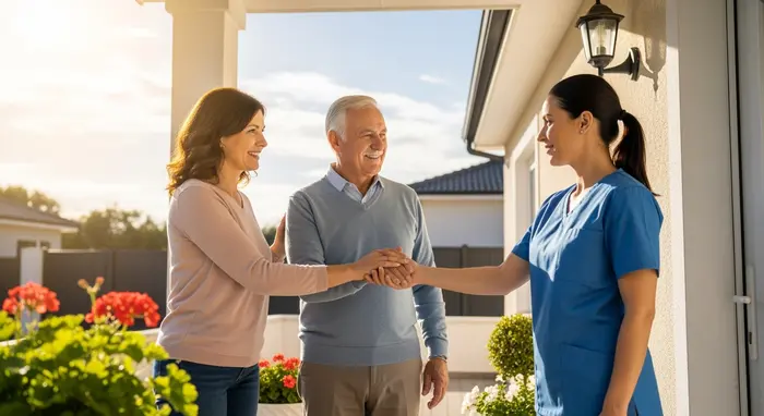 Entlastung in der Pflege: Tochter übergibt ihren Vater vertrauensvoll an eine freundliche Betreuungskraft vor der Haustür, sonniger Tag, erleichterte Stimmung.