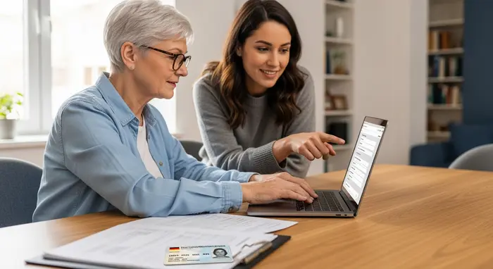 Antragstellung leicht gemacht: Senior füllt mit Unterstützung seiner Tochter ein Formular am Laptop aus, Dokumente und Ausweis liegen bereit.