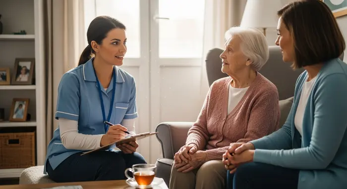 Hausbesuch zur Pflegebegutachtung: Pflegefachkraft spricht mit Seniorin und Angehöriger im Wohnzimmer, Klemmbrett und Stift, freundliche und professionelle Atmosphäre.