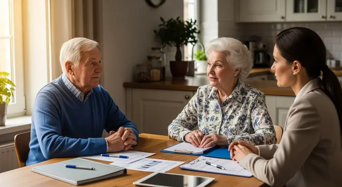 Älteres Paar sitzt mit einer Beraterin am Küchentisch, Unterlagen und Stifte liegen bereit, freundliche Beratungssituation mit warmem Tageslicht aus dem Fenster.