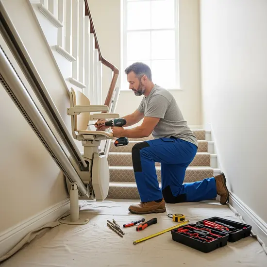 Handwerker montiert einen Treppenlift in einem hellen Treppenhaus, Fokus auf praktische Wohnraumanpassung.