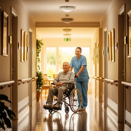 Pflegerin schiebt einen Senior im Rollstuhl durch einen freundlichen Pflegeheimflur, warme Beleuchtung.