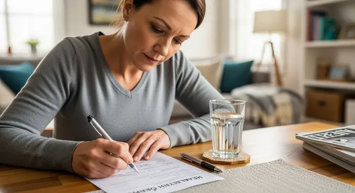 Mittelältere Frau füllt konzentriert einen Gesundheitsfragebogen am Wohnzimmertisch aus; daneben ein Glas Wasser und ein Kugelschreiber.