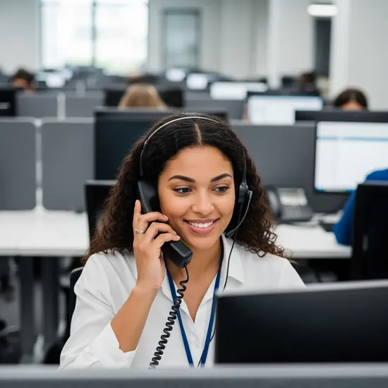 Freundliche Ansprechpartnerin telefoniert in einem Callcenter mit ruhiger, professioneller Ausstrahlung.