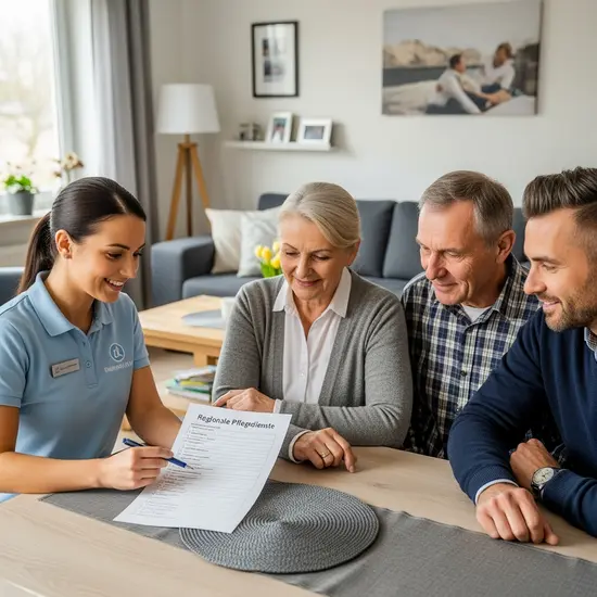 Pflegerin zeigt einer Familie eine Liste mit regionalen Pflegediensten am Wohnzimmertisch.